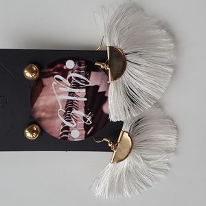 Boutique Two Pair Earrings Gold Tone Studs and Gold Tone White Fan Tassels